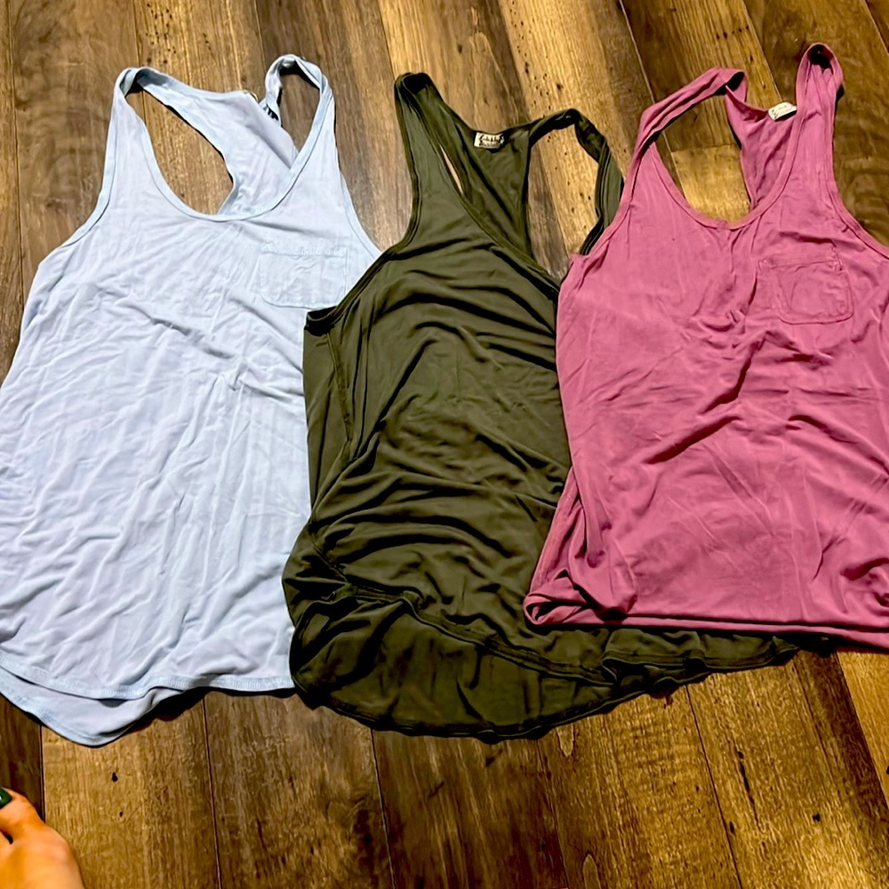 Free People Tank Tops in Light Blue, Olive, and Mauve